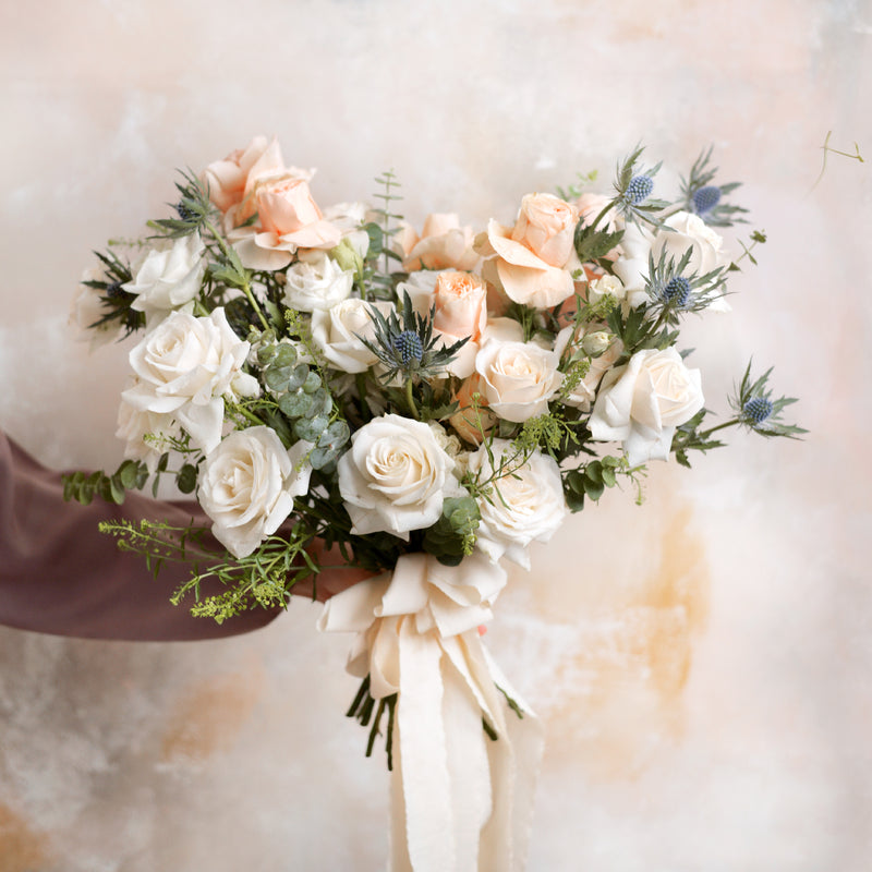 Buket Bunga Pengantin Henrietta Mawar Soft Peach & White Jakarta | Three Bouquets